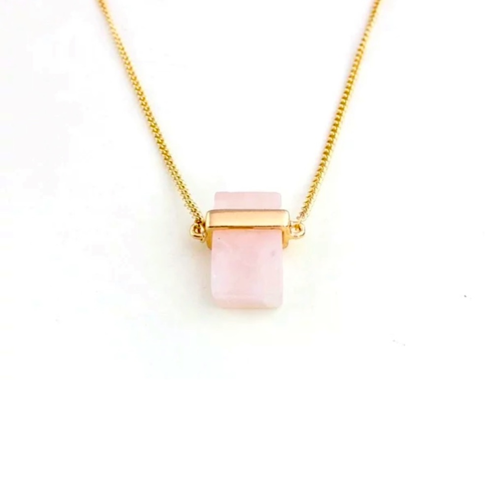 Rose Quartz Square Pendant on Gold-Plated 18 Inch Box Chain Necklace